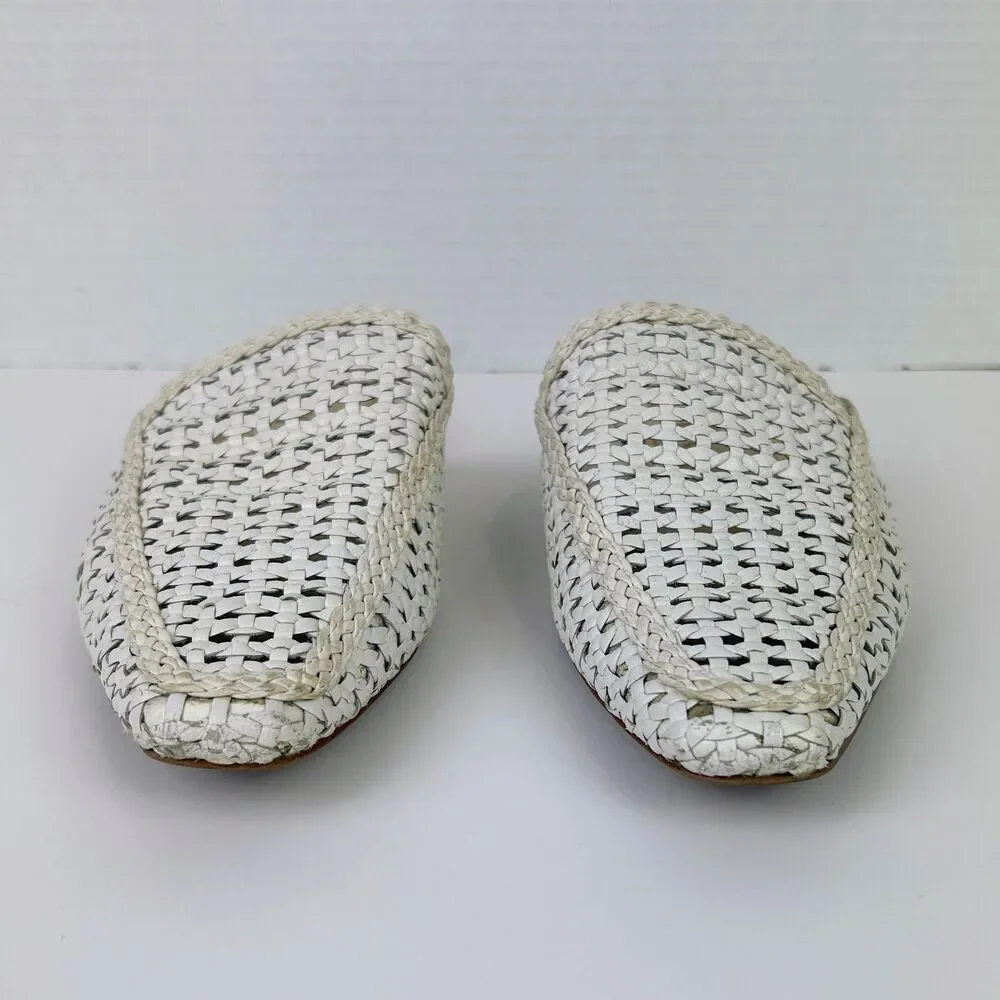 Sam Edelman Elva Mules Slip On Flats Woven Leather Cream Pointed Toe Slides 7